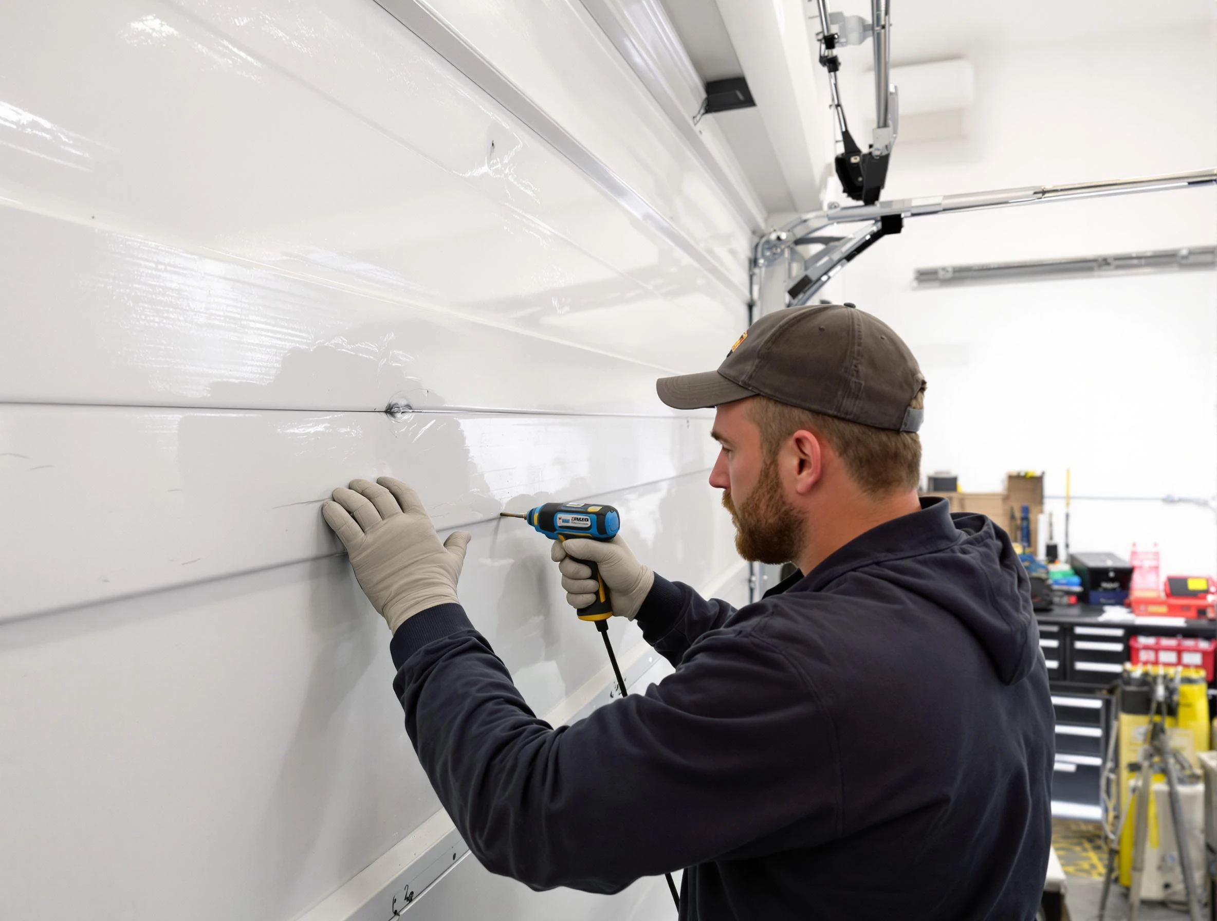 Kaysville Garage Door Repair technician demonstrating precision dent removal techniques on a Kaysville garage door
